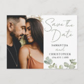 日付のグリーンウォーター色ユーカリ結婚の 案内ポストカード (正面)