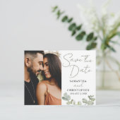 日付のグリーンウォーター色ユーカリ結婚の 案内ポストカード (スタンド正面)