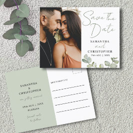 日付のグリーンウォーター色ユーカリ結婚の 案内ポストカード