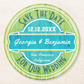 日付のコースター-ヴィンテージの木製の穀物の一見--を救って下さい ラウンドペーパーコースター (正面)