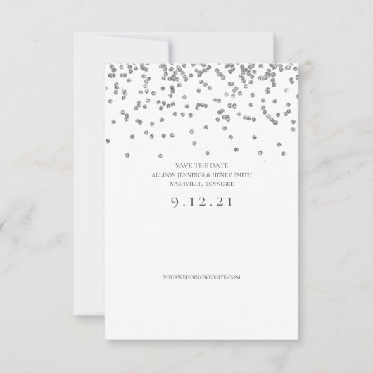 日付のシルバー結婚グリッター紙吹雪カードの保存 (正面)