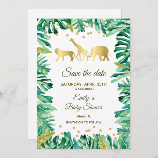 日付のジャングル動物の植物のサファリを救って下さい セーブザデート (正面/裏面)