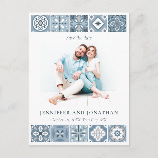 日付のスペインのはがきを保存する青いタイル ポストカード (正面)