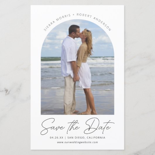 日付のスムーズペカジュアルンスクリプトのアーチ写真を保存 (正面)