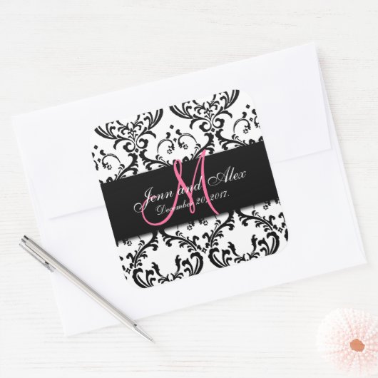 日付のダマスク織のステッカーのモノグラムを救って下さい スクエアシール (封筒)