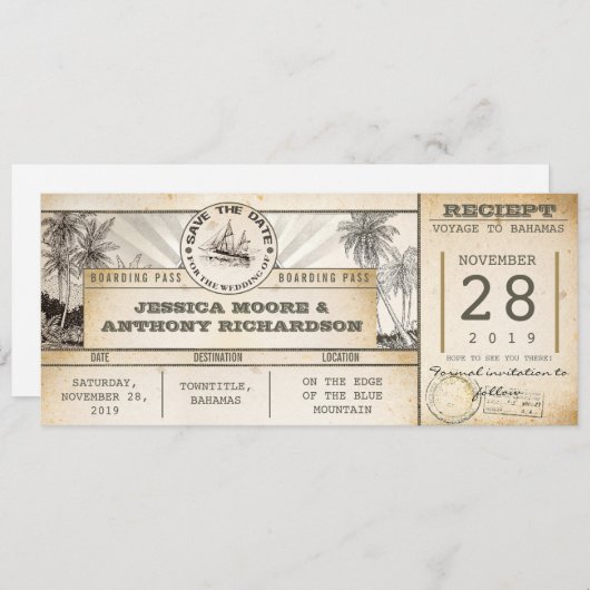 日付のチケット-ヴィンテージの招待状--を救って下さい セーブザデート (正面/裏面)