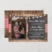 日付のチョークの木製の素朴で赤い点検の写真を救って下さい セーブザデート (正面/裏面)