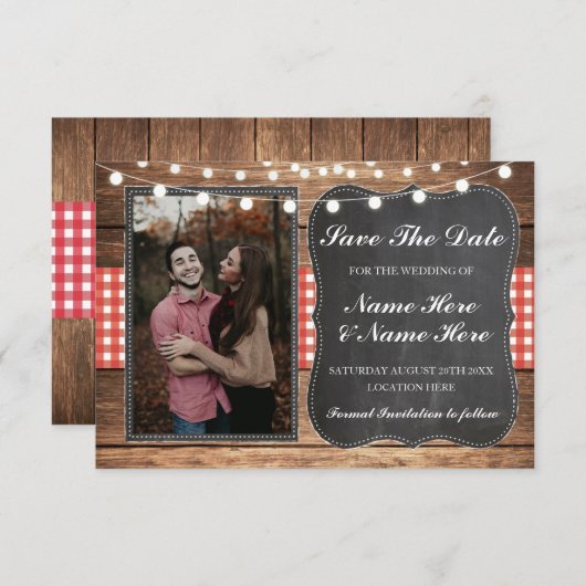 日付のチョークの木製の素朴で赤い点検の写真を救って下さい セーブザデート (正面/裏面)