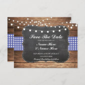 日付のチョークの木製の素朴で青いチェックカードを救って下さい セーブザデート (正面/裏面)