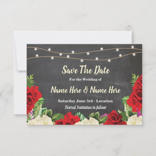 日付のチョークの素朴な赤いバラライト招待を救って下さい セーブザデート (正面)