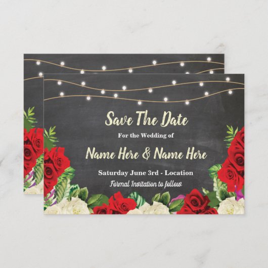日付のチョークの素朴な赤いバラライト招待を救って下さい セーブザデート (正面/裏面)