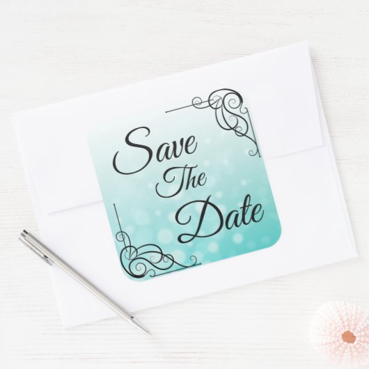 日付のティール（緑がかった色）バブル結婚のシールを保存 スクエアシール (封筒)