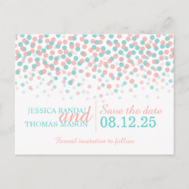 日付のティール（緑がかった色）coral紙吹雪結婚のカードを保存 案内ポストカード