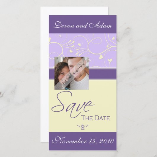 日付のハートと渦巻きの結婚写真カードの保存 セーブザデート (正面/裏面)