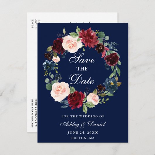 日付のバーガンディの花のリースの青を救って下さい 案内ポストカード (正面/裏面)