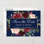 日付のバーガンディの花の青い金ゴールドフレームを救って下さい 案内ポストカード (正面/裏面)