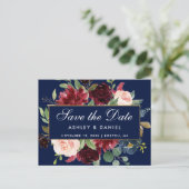 日付のバーガンディの花の青い金ゴールドフレームを救って下さい 案内ポストカード (スタンド正面)