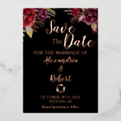 日付のバーグニ結婚ーの花のバラ金ゴールドを保存 箔招待状 (正面)