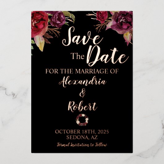 日付のバーグニ結婚ーの花のバラ金ゴールドを保存 箔招待状 (正面)