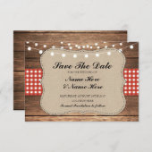 日付のバーラップの木製の素朴で赤いチェックカードを救って下さい セーブザデート (正面/裏面)