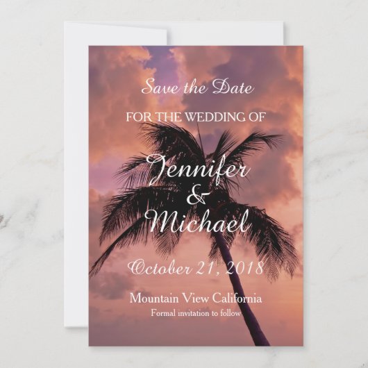 日付のパームツリー結婚サンセットビーチを保存 セーブザデート (正面)