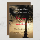 日付のパームツリー結婚サンセットビーチを保存 セーブザデート (正面/裏面)