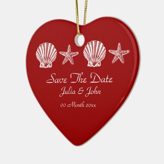日付のビーチ結婚テーマ発表の保存 セラミックオーナメント (左)