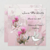 日付のピンクの結婚白い花の鳩を保存する セーブザデート (正面/裏面)