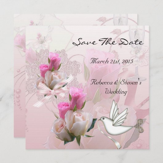 日付のピンクの結婚白い花の鳩を保存する セーブザデート (正面/裏面)