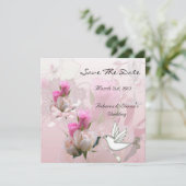 日付のピンクの結婚白い花の鳩を保存する セーブザデート (スタンド正面)