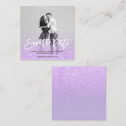 日付のフェイクな紫色のラベンダーのグリッターの写真を救って下さい スクエア名刺 (正面/裏面)