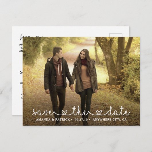 日付のフォトハートタイポグラフィ結婚の 案内ポストカード (正面/裏面)