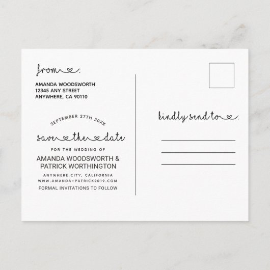 日付のフォトハートタイポグラフィ結婚の 案内ポストカード (裏面)