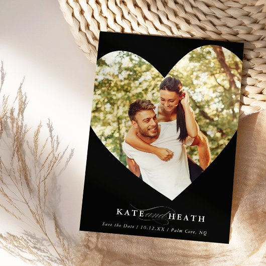 日付のフォトモダンハートを黒エレガントく保存 招待状