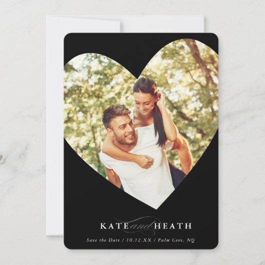 日付のフォトモダンハートを黒エレガントく保存 招待状 (正面)