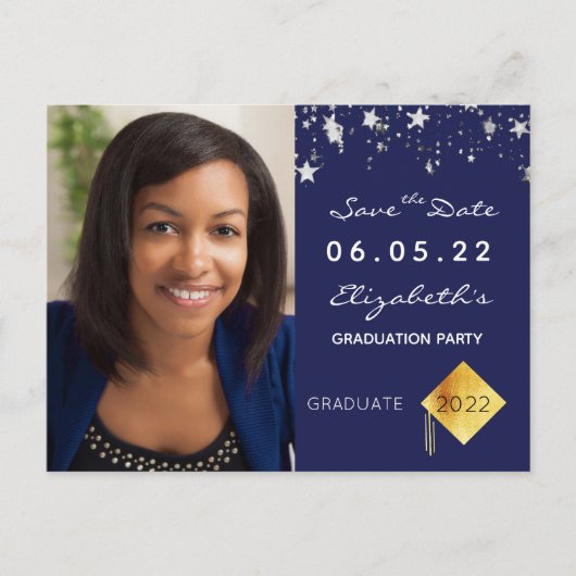 日付のフォト卒業パーティーの青を保存 ポストカード (正面)