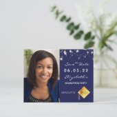 日付のフォト卒業パーティーの青を保存 ポストカード (スタンド正面)