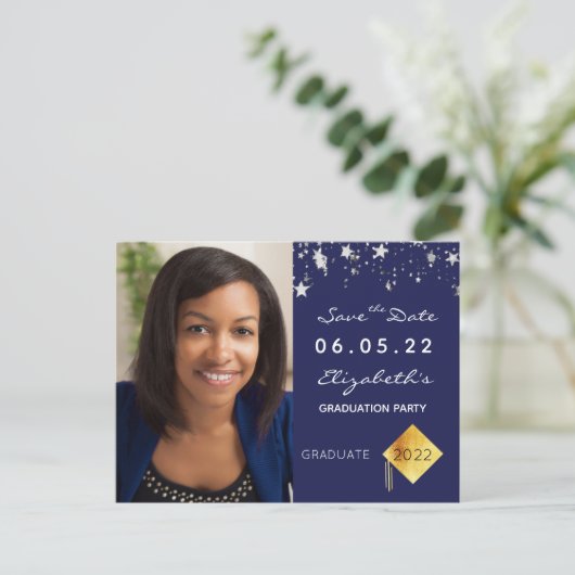 日付のフォト卒業パーティーの青を保存 ポストカード (スタンド正面)