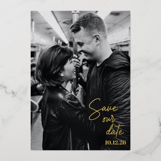 日付のフルフォト手書きモダン金ゴールドの保存 箔招待状 (正面)