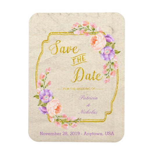 日付のフローラ結婚と金ゴールドを保存 マグネット (縦)