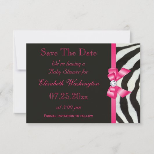 日付のベビーシャワーのシマウマのショッキングピンクの弓を救って下さい セーブザデート (裏面)
