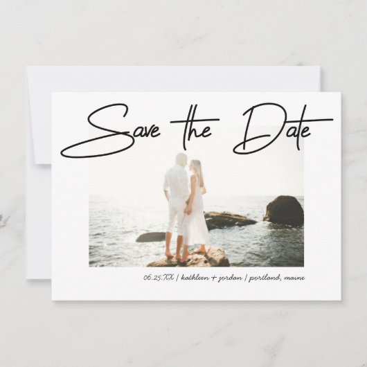 日付のペンモダン線結婚スクリプトの保存 招待状 (正面)