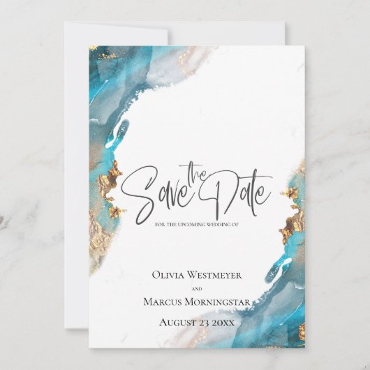 日付のマーク付きインクターコイズと金ゴールドの保存 招待状 (正面)