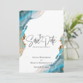 日付のマーク付きインクターコイズと金ゴールドの保存 招待状 (スタンド正面)