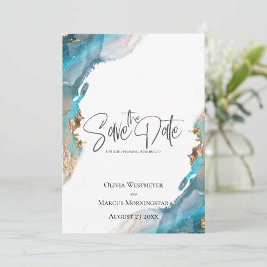 日付のマーク付きインクターコイズと金ゴールドの保存 招待状 (スタンド正面)