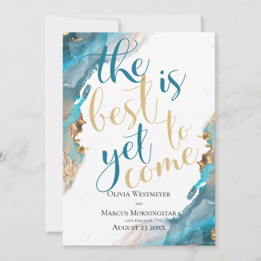 日付のマーク付きインクターコイズと金ゴールドの保存 招待状 (正面)