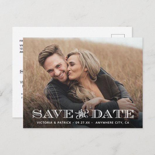 日付のモダンタイポグラフィ写真の結婚保存 案内ポストカード (正面/裏面)