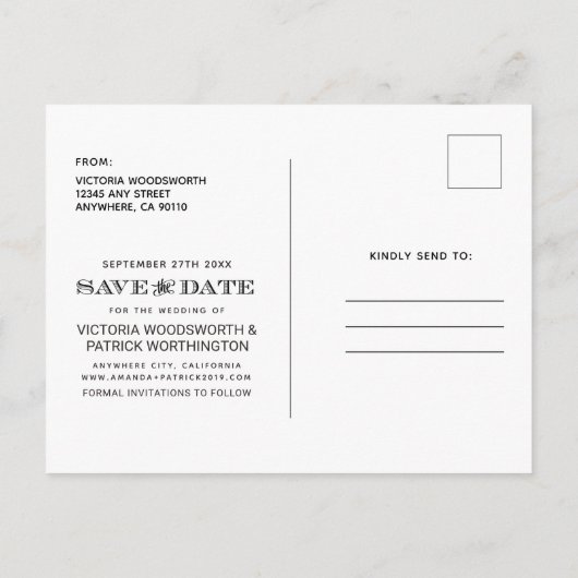 日付のモダンタイポグラフィ写真の結婚保存 案内ポストカード (裏面)