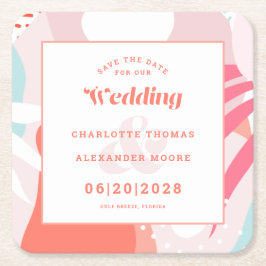 日付のモダン模様のコーラ結婚ルティール（緑がかった色）を保存 スクエアペーパーコースター