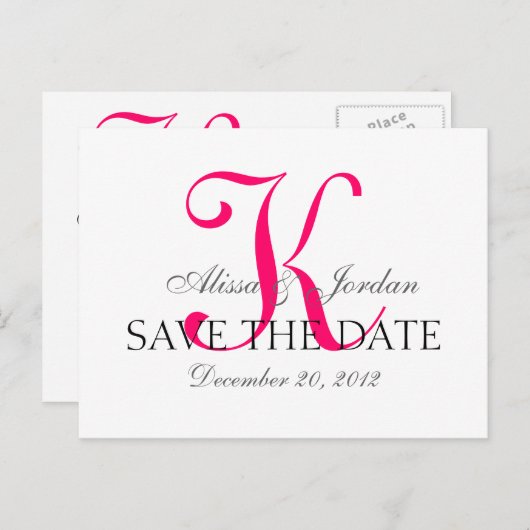 日付のモノグラム結婚発表をピンク色で保存 案内ポストカード (正面/裏面)